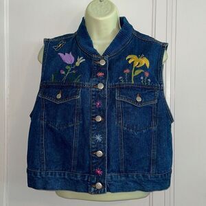 Vintage 80s/90s Crazy Horse blue denim‎ floral embroidered vest